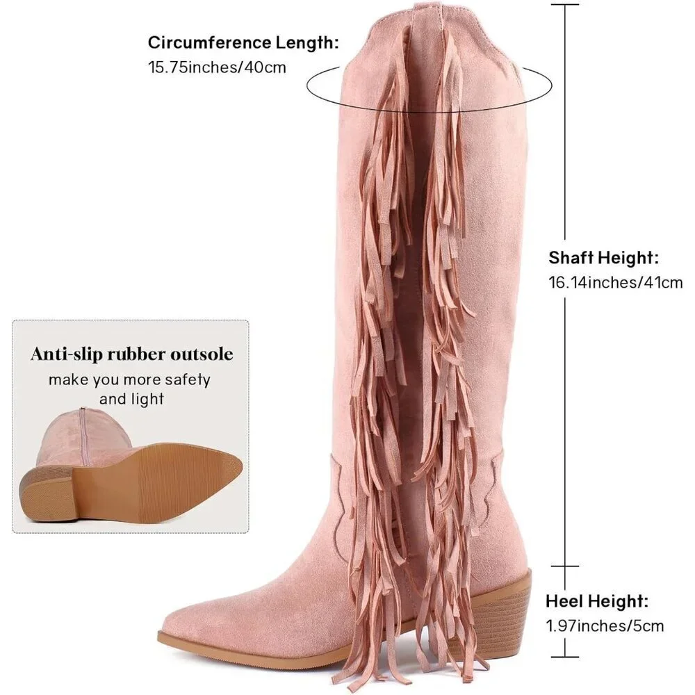 Women Pink Synthetic Fringe Tassels Pointed Toe Knee High Western Cowgirl Boots
